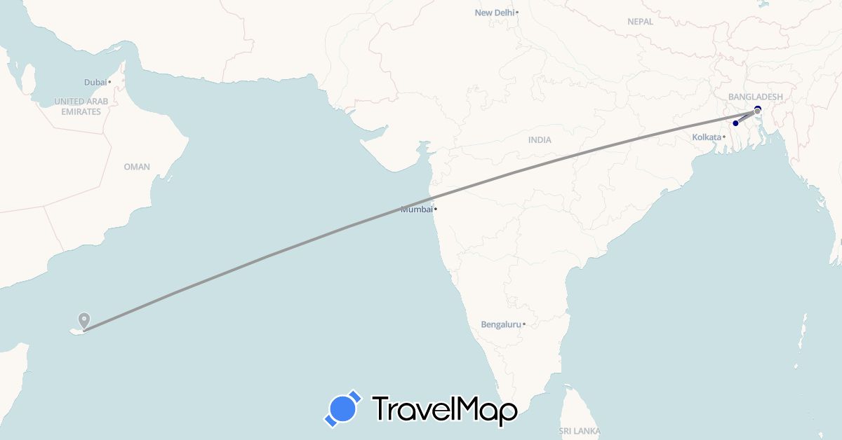 TravelMap itinerary: driving, plane in Bangladesh, Yemen (Asia)