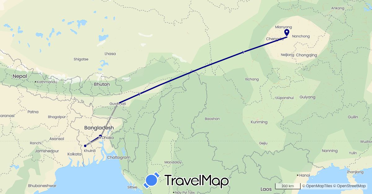 TravelMap itinerary: driving, plane in Bangladesh, India (Asia)
